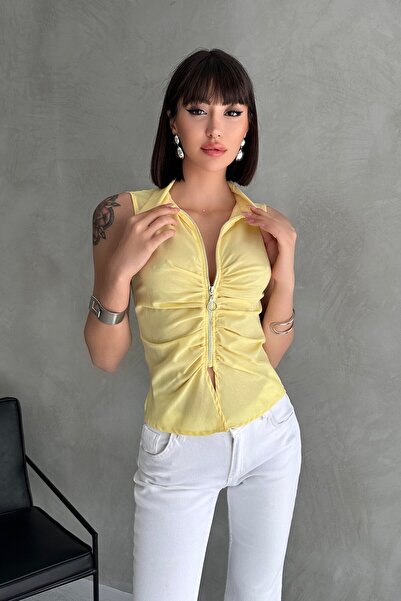 New Now Zipped Detail Shirt Collar Sleeveless Bluz