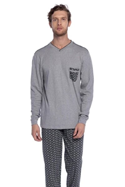 BARAY TEKSTİL Men's Pajama Pijamood, 100% Cotton, Long Sleeve, Gray, XL