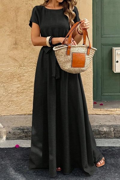 Mossta Boat Neck Belted Aerobin Dress - Black