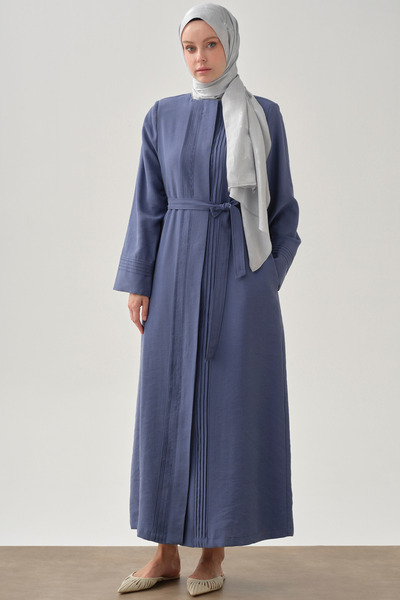 Tuğba Nervür Detaylı Kuşaklı Ferace - İndigo