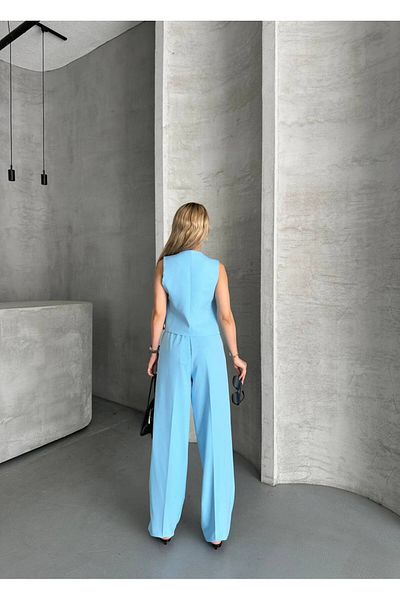 vesantia 2-Piece Women's Blue Ribbon Buttoned Vest Blazer Suit