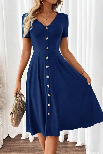 Mossta V-Neck Button Detailed A-Line Woven Dress - Blue