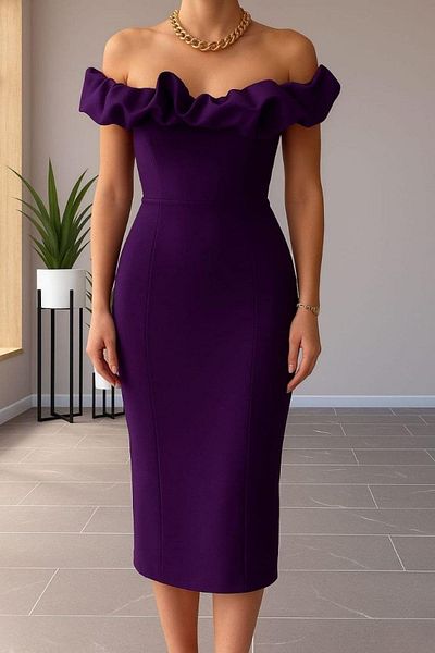 Mossta Off Shoulder Ruffle Detail Pencil Dress - Purple