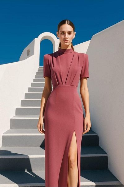 Mossta Short Sleeve Stand Collar Slit Crepe Dress - Rose