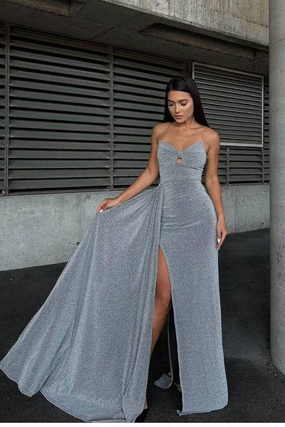 Mossta Strapless Bust Low-Cut Glitter Evening Dress - Gray