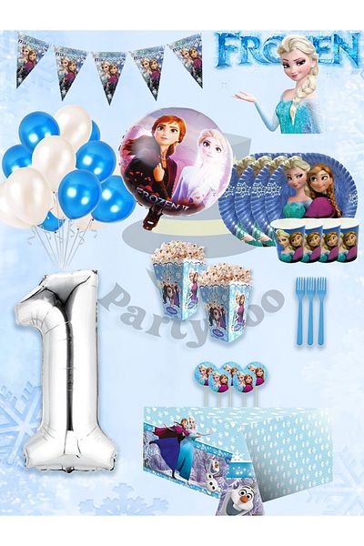 PartyPoo Frozen Elsa Frozen Birthday Set for 16 People |   1 Year Old Number Balloon Birthday Party Set