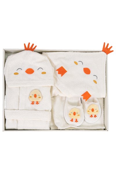 Sitilin Girls Boys 100% Organic Cotton Chick Baby Bathrobe Set 4 Piece Boxed Luxury Towel Gift Set