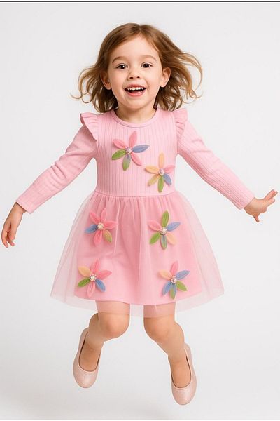 ARBİ kids Girls' Flower Applique Twill Tulle Dress