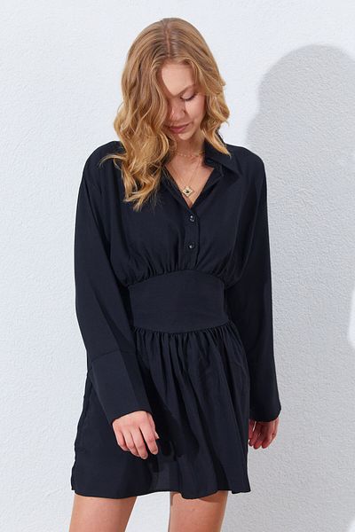 EDITION WOMAN Black Waist Buttoned Shirt Collar Dress - Ek100285052