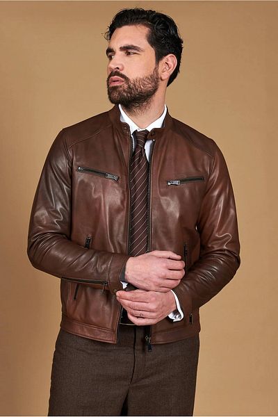 By Marki Marki Men's Genuine Leather Jacket – Crew Neck, 6 Pockets, Lined, 67 Cm, Spring - 505422