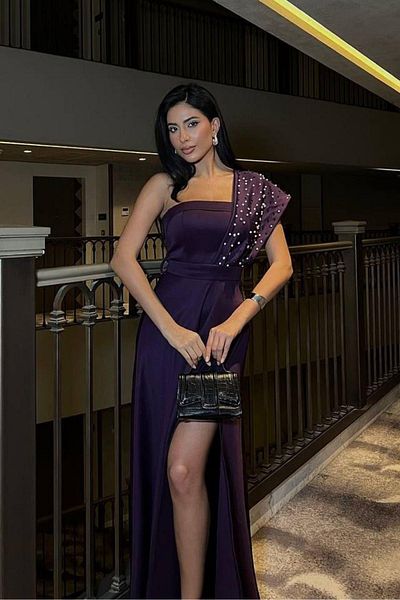 Mossta One Shoulder Pearl Detailed Slit Evening Dress - Purple