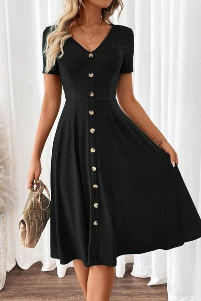 Mossta V-Neck Button Detailed A-Line Woven Dress - Black