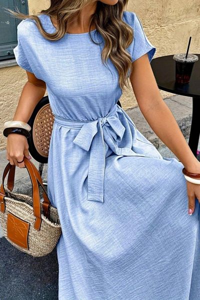 Mossta Boat Neck Belted Aerobin Dress - Blue