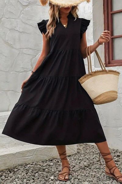 Mossta Ruffle Sleeve V-Neck Relaxed Fit Dress - Black