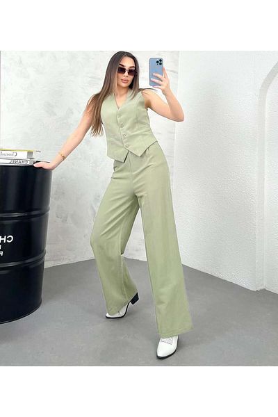 Melike Bakar Boutique Women's Khaki Linen Fabric Lined Vest Elastic High Waist Palazzo Trousers Set