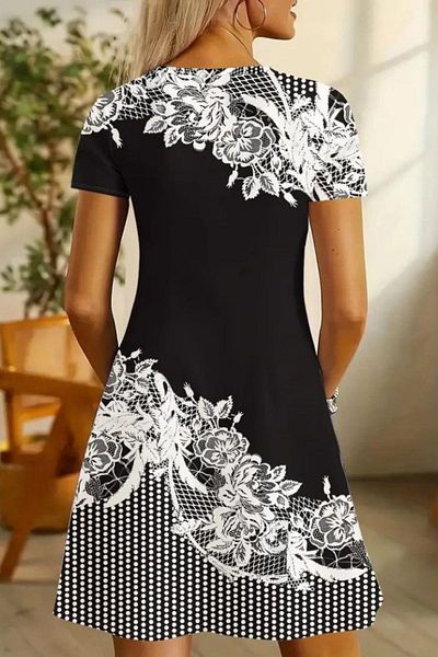 Mossta V-Neck Short Sleeve Floral Printed Single Jersey Dress - Black