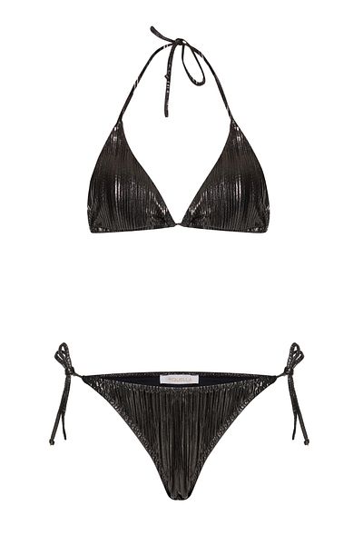 AQUELLA Pleated Black Shiny Triangle Bikini Set