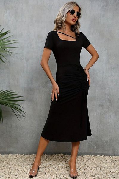 Mossta Short Sleeve Asymmetrical Neck Midi Crepe Dress - Black
