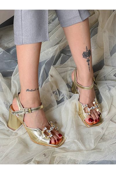 BERFONA Arya Gold Metal Stone 7 cm Heel Sandals