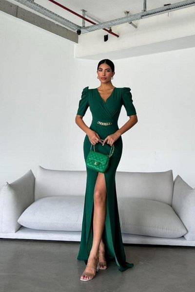 Mossta Double Breasted Collar Chain Belt Detailed Evening Dress - Green