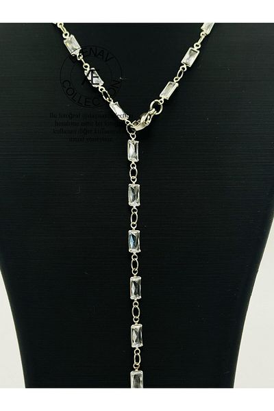 Daynav Baguette Stone White Sparkling Y Necklace 60 cm