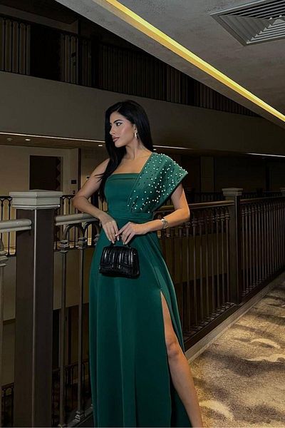 Mossta One Shoulder Pearl Detailed Slit Evening Dress - Green