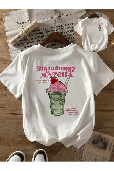 AEMİ Unisex Strawberry Matcha Printed Oversize Crew Neck T-Shirt