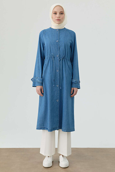 Tuğba Sıfır Yaka Bel Bağcıklı Denim Kap - Açık Mavi