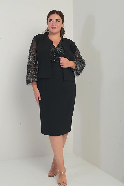 By Saygı Women's Double Breasted Lapel Waist Draped Dress Sleeves Tulle Jacket Lined Sequin Detail Plus Size 2-Piece Suit