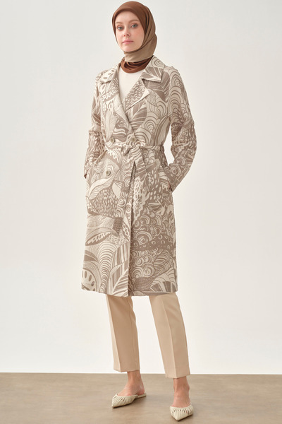 Tuğba Kuşaklı Desenli Keten Kap - Vizon