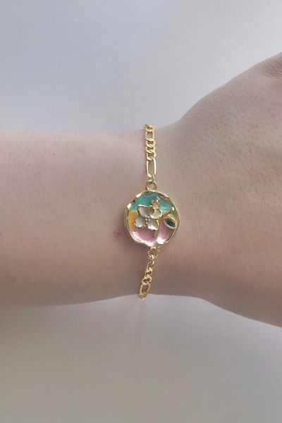 AurorAccessory Mineli Embroidered Figaro Gold Chain White Flower Art Bracelet 17+3 cm