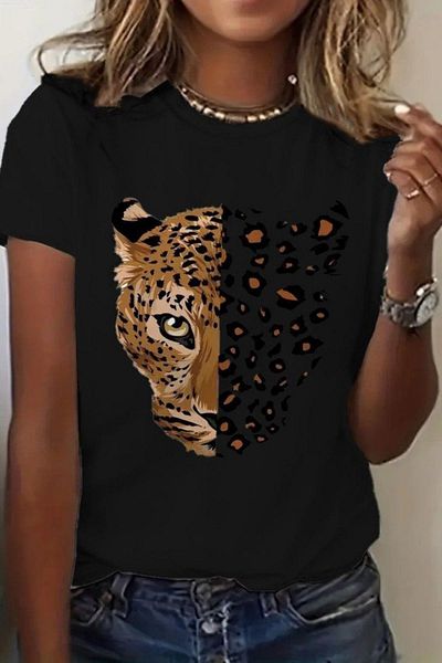 Mossta Short Sleeve Crew Neck Printed Viscose Blouse - Black