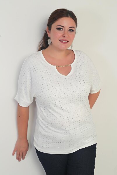 By Saygı Γυναικεία μπλούζα με αλυσίδα με κοντό μανίκι με πέτρα Lycra Plus Size