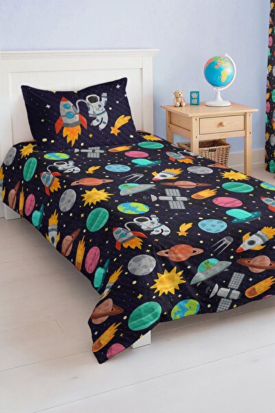Realhomes Navy Blue Space Themed Astronaut Rocket and Galaxy Patterned Single Children's Pique Set