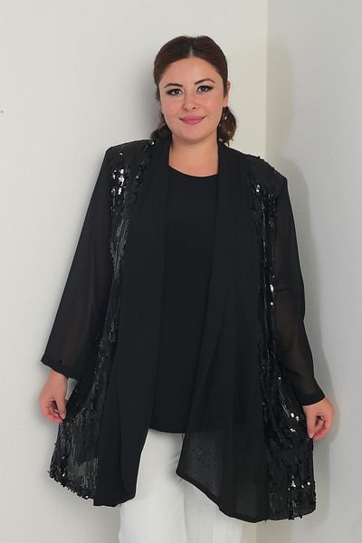 By Saygı Bluză din Lycra cu gât rotund pentru femei, jachetă din șifon cu paiete, mărime mare, set de 2