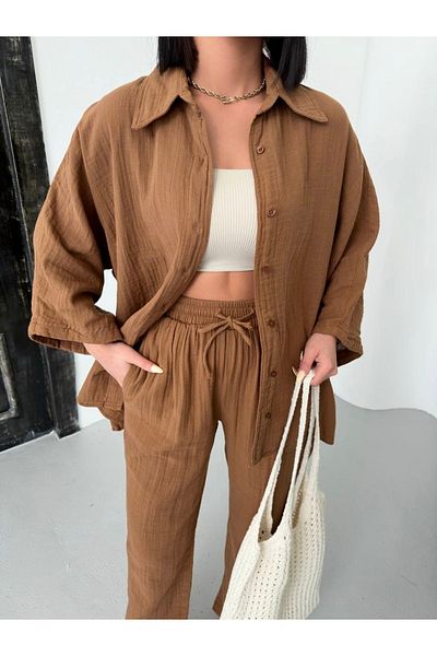 HandCo Muslin Brown Relaxed Fit Shirt Pants Set