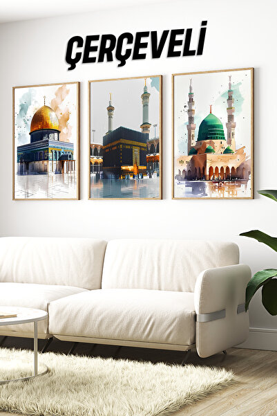 kutuTR Kudüs, Kâbe ve Mescid-i Nebevi Temalı 3’lü Çerçeveli Tablo Seti🌿 CRV1182
