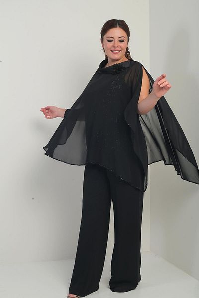 By Saygı Women's Collar Satin Cape Inside Pulp Sequin Sleeveless Blouse Palazzo Pants Lined Plus Size Chiffon 3-Piece