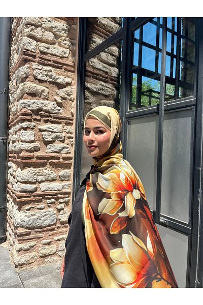 AMİNENESİL Aminenesil Bud Pattern Voile Soft Scarf Khaki Orange Color