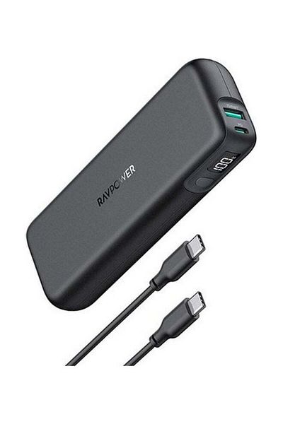RavPower 15000 mAh MFi Certified 2 Port Portable Power Bank With Charging Cable Black