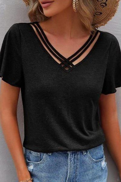 Mossta Short Sleeve Stripe Detailed Viscose Blouse - Black