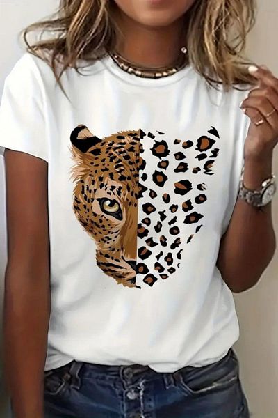Mossta Short Sleeve Crew Neck Printed Viscose Blouse - White