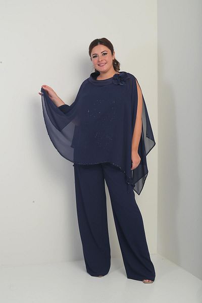 By Saygı Women's Collar Satin Cape Inside Pulp Sequin Sleeveless Blouse Palazzo Pants Lined Plus Size Chiffon 3-Piece