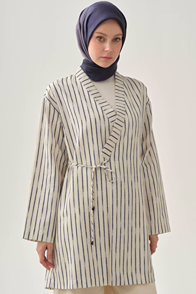 Tuğba Bağlama Detaylı Çizgili Kimono - İndigo