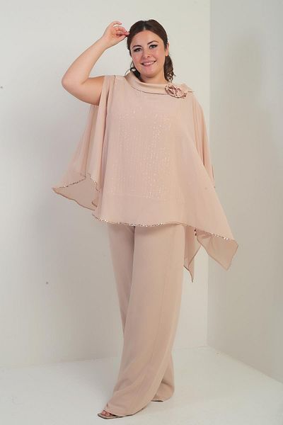 By Saygı Women's Collar Satin Cape Inside Pulp Sequin Sleeveless Blouse Palazzo Pants Lined Plus Size Chiffon 3-Piece