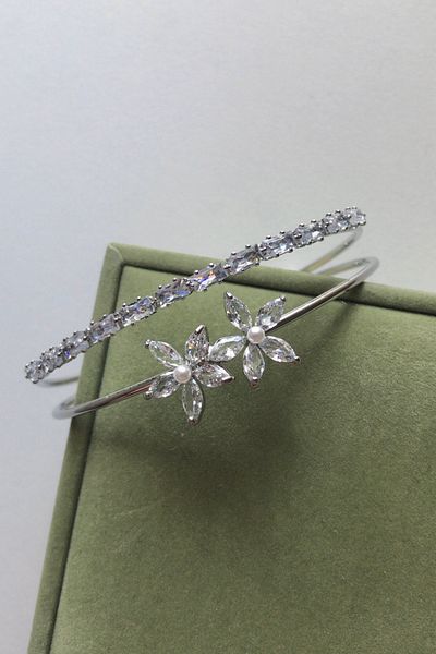 AurorAccessory Silver Color White Stone Double Flower Adjustable Wrist Bracelet Handcuff
