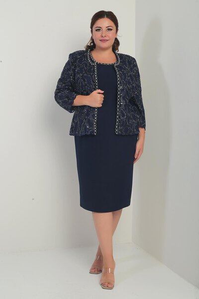 By Saygı Women's Sleeveless Dress Sequin Embroidered Tulle Jacket Bead Detail Lined Plus Size 2-Piece Set