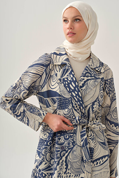 Tuğba Kuşaklı Desenli Keten Kap - İndigo