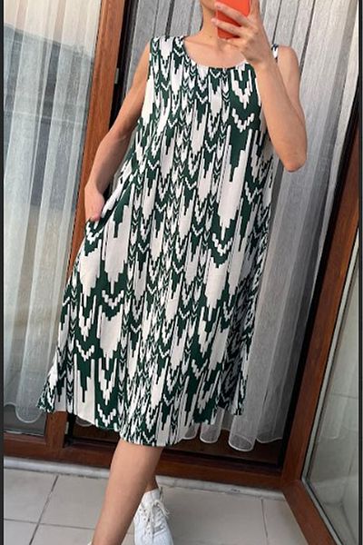 AYASOFYA OTANTIK Women's White Retro Patterned Sleeveless Midi Dress