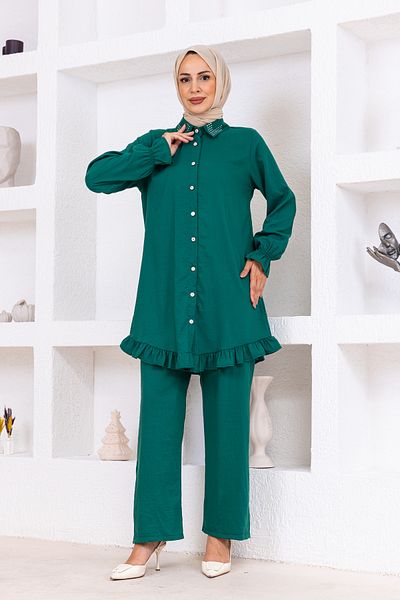OKTAYUSTA COLLECTİON Stone Detailed Modal Cotton Double Bottom-Top Set Emerald Green
